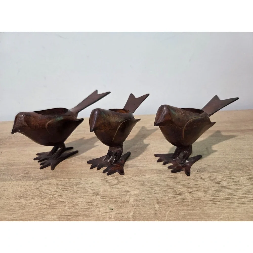 Three Cast Brown Metal Tea Light Bird Figures Votive Candle Holder Made In India